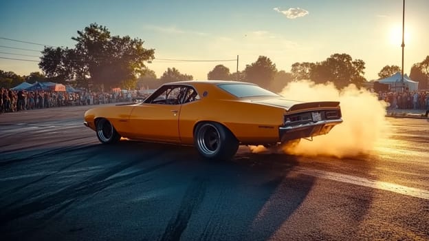 Powerful sports cars race through city streets at sunset, leaving a trail of smoke, thrilling spectators with high speed action
