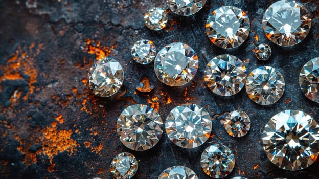 Lots of Realistic Diamonds on the table. Jewels on abstract background.