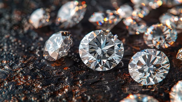 Lots of Realistic Diamonds on the table. Jewels on abstract background.