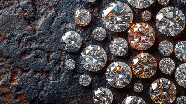 Lots of Realistic Diamonds on the table. Jewels on abstract background.