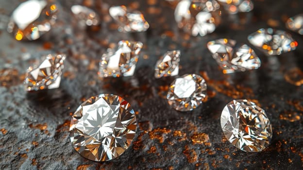 Lots of Realistic Diamonds on the table. Jewels on abstract background.