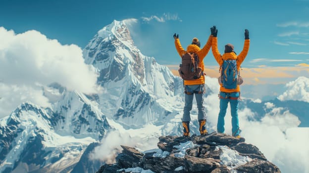 A couple with backpacks over their shoulders on a snowy mountain. Couple happy to have climbed to the top of the mountain.