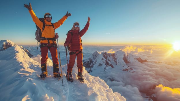 A couple with backpacks over their shoulders on a snowy mountain. Couple happy to have climbed to the top of the mountain.