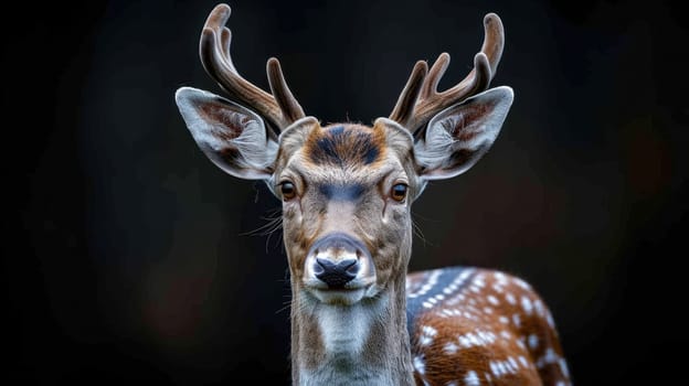 Portrait of a Deer with antlers on a black background. a species of ruminant mammals native to Europe.