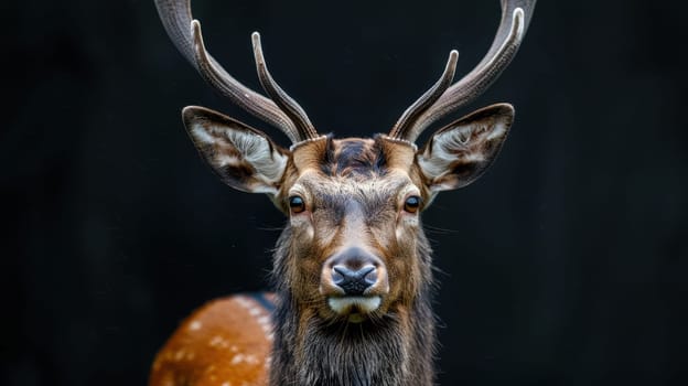 Portrait of a Deer with antlers on a black background. a species of ruminant mammals native to Europe.