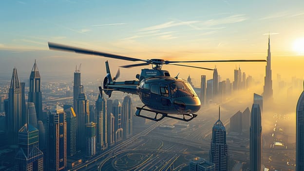 a multi-role military helicopter over the city. Helicopter flying over the city.