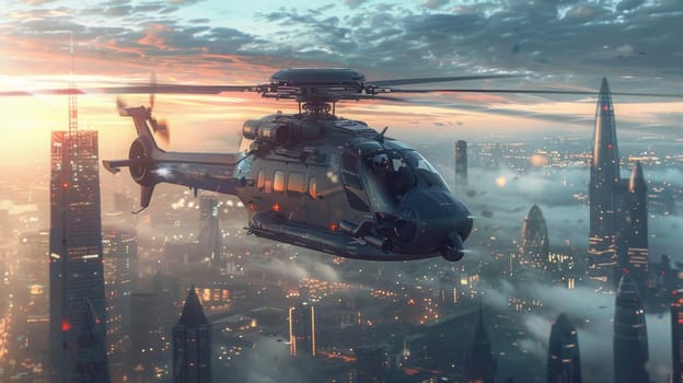 a multi-role military helicopter over the city. Helicopter flying over the city.