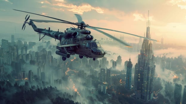 a multi-role military helicopter over the city. Helicopter flying over the city.