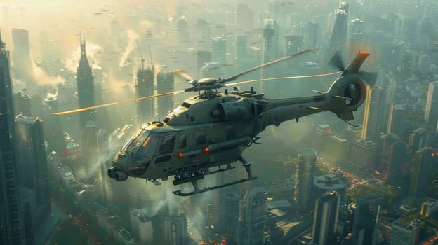 a multi-role military helicopter over the city. Helicopter flying over the city.