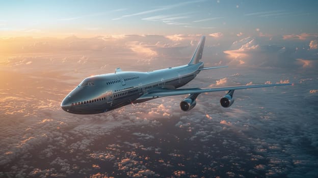 Futuristic airplane flying above the clouds. for science fiction or military aviation backgrounds.