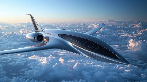 Futuristic airplane flying above the clouds. for science fiction or military aviation backgrounds.