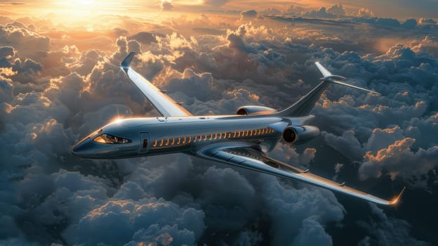 Futuristic airplane flying above the clouds. for science fiction or military aviation backgrounds.