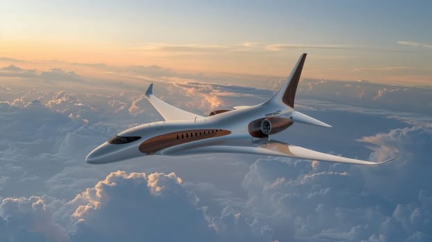 Futuristic airplane flying above the clouds. for science fiction or military aviation backgrounds.
