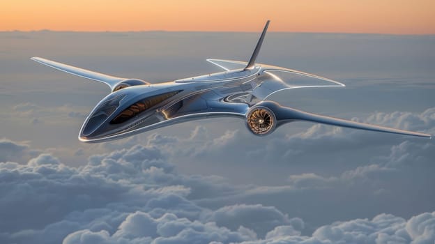Futuristic airplane flying above the clouds. for science fiction or military aviation backgrounds.