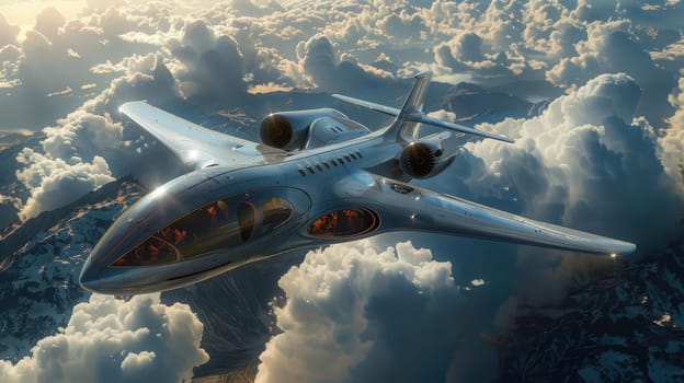 Futuristic airplane flying above the clouds. for science fiction or military aviation backgrounds.