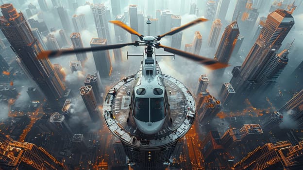 A helicopter landing on the helipad of a skyscraper. Building with a helipad.