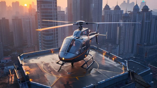 A helicopter landing on the helipad of a skyscraper. Building with a helipad.