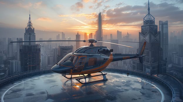 A helicopter landing on the helipad of a skyscraper. Building with a helipad.