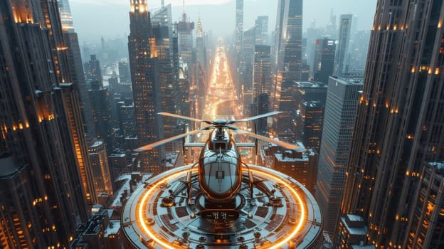 A helicopter landing on the helipad of a skyscraper. Building with a helipad.