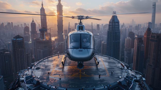 A helicopter landing on the helipad of a skyscraper. Building with a helipad.