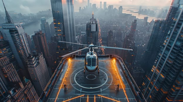 A helicopter landing on the helipad of a skyscraper. Building with a helipad.