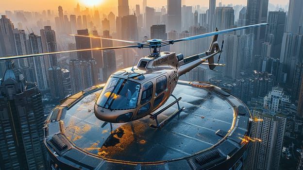 A helicopter landing on the helipad of a skyscraper. Building with a helipad.