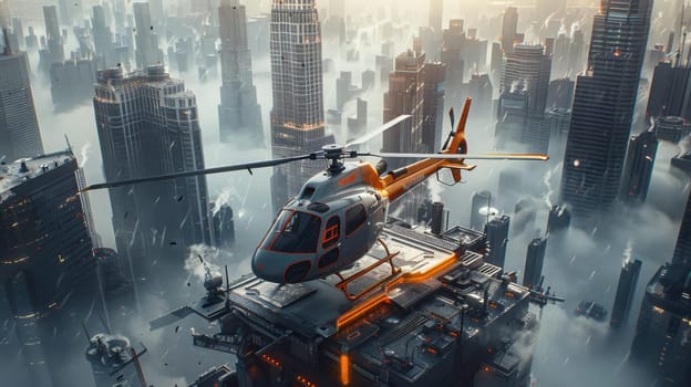 A helicopter landing on the helipad of a skyscraper. Building with a helipad.