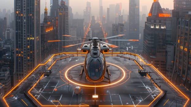 A helicopter landing on the helipad of a skyscraper. Building with a helipad.