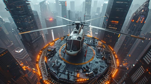 A helicopter landing on the helipad of a skyscraper. Building with a helipad.