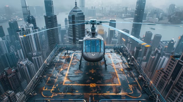 A helicopter landing on the helipad of a skyscraper. Building with a helipad.