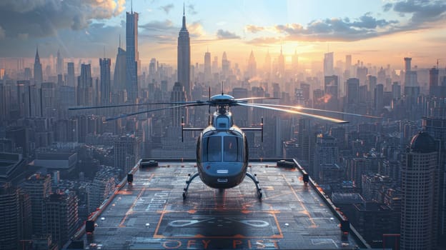 A helicopter landing on the helipad of a skyscraper. Building with a helipad.