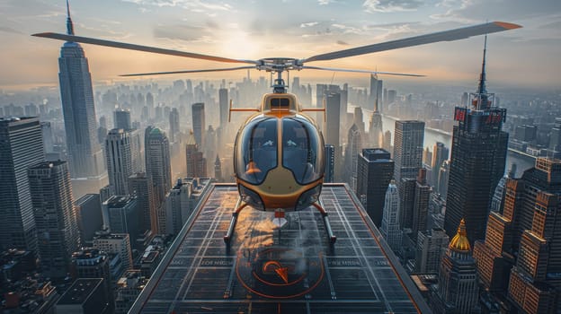 A helicopter landing on the helipad of a skyscraper. Building with a helipad.