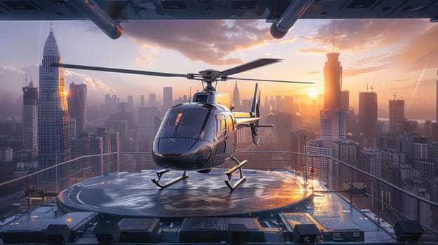 A helicopter landing on the helipad of a skyscraper. Building with a helipad.