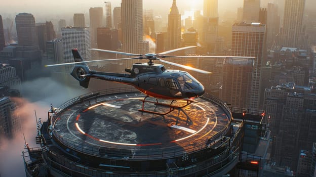 A helicopter landing on the helipad of a skyscraper. Building with a helipad.