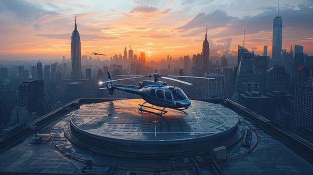 A helicopter landing on the helipad of a skyscraper. Building with a helipad.
