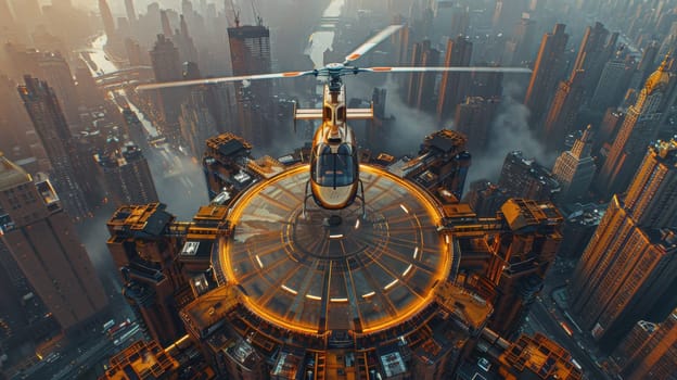 A helicopter landing on the helipad of a skyscraper. Building with a helipad.