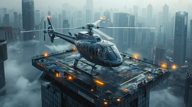 A helicopter landing on the helipad of a skyscraper. Building with a helipad.