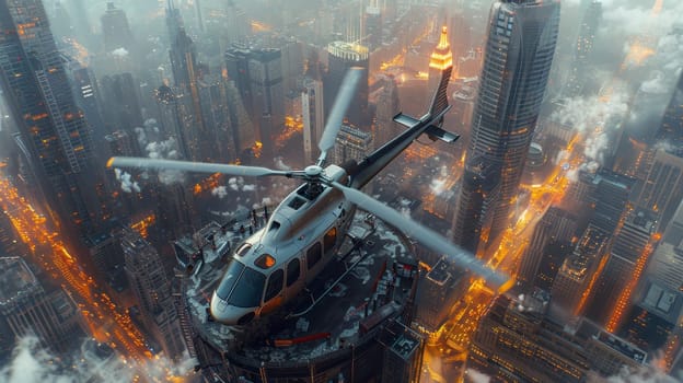 A helicopter landing on the helipad of a skyscraper. Building with a helipad.