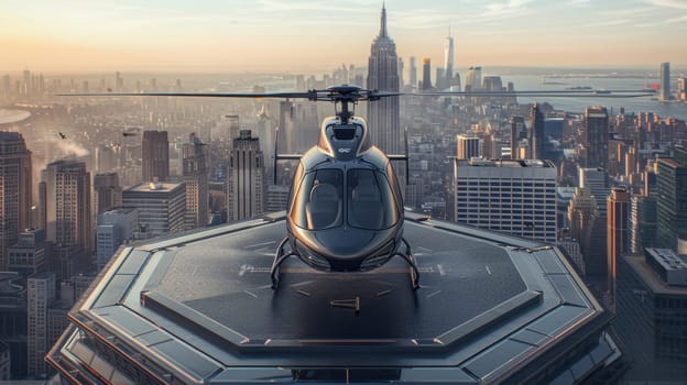 A helicopter landing on the helipad of a skyscraper. Building with a helipad.