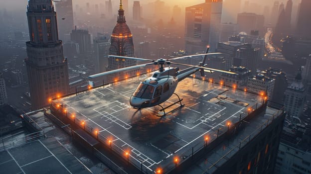 A helicopter landing on the helipad of a skyscraper. Building with a helipad.
