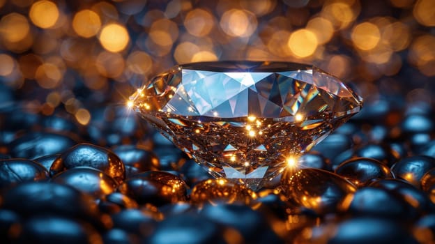 Large cut diamond on beautiful blurred background. For advertising of luxury jewelry stores.