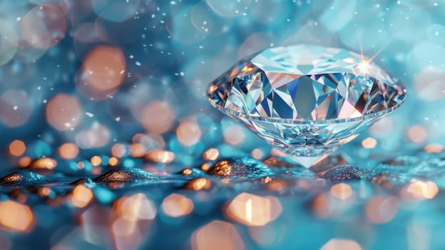 Large cut diamond on beautiful blurred background. For advertising of luxury jewelry stores.