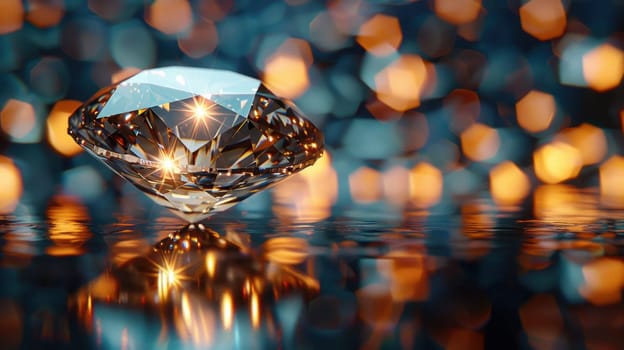 Large cut diamond on beautiful blurred background. For advertising of luxury jewelry stores.