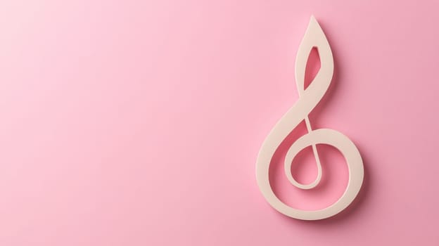 Treble clef on pink background, top view with space for text. Music, melody, sound concept.