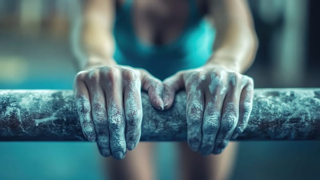 Close up of female gymnast's hands gripping a bar with chalk. Concept of strength, determination, and athleticism.