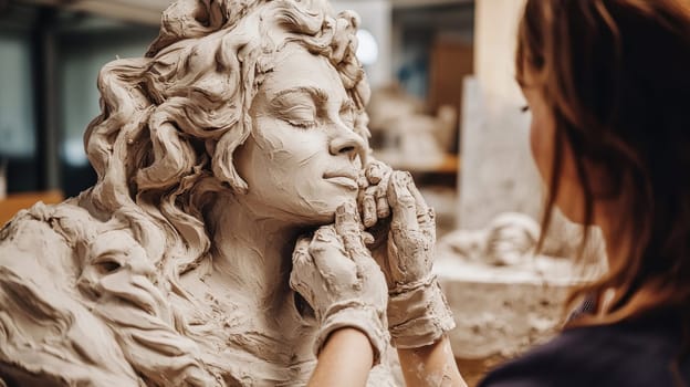 Sculptor molding a clay bust in her workshop. Concept of art, craft, creativity, and artistry.