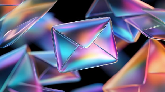colorful iridescent mail or message icons on black background. Concept of communication, email marketing, internet and social media.