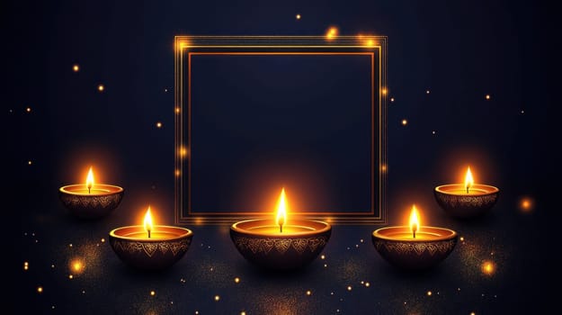 Diwali Festival background with realistic Diya lamps and golden frame. Concept Diwali celebration, light, prosperity, tradition.