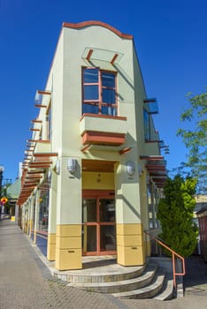 Small flatiron building in downtown of Nanaimo, British Columbia.
