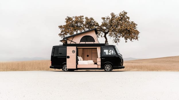 Camper van is parked on a desert road with its door open, revealing a cozy interior with a bed. The van is ready for an adventure